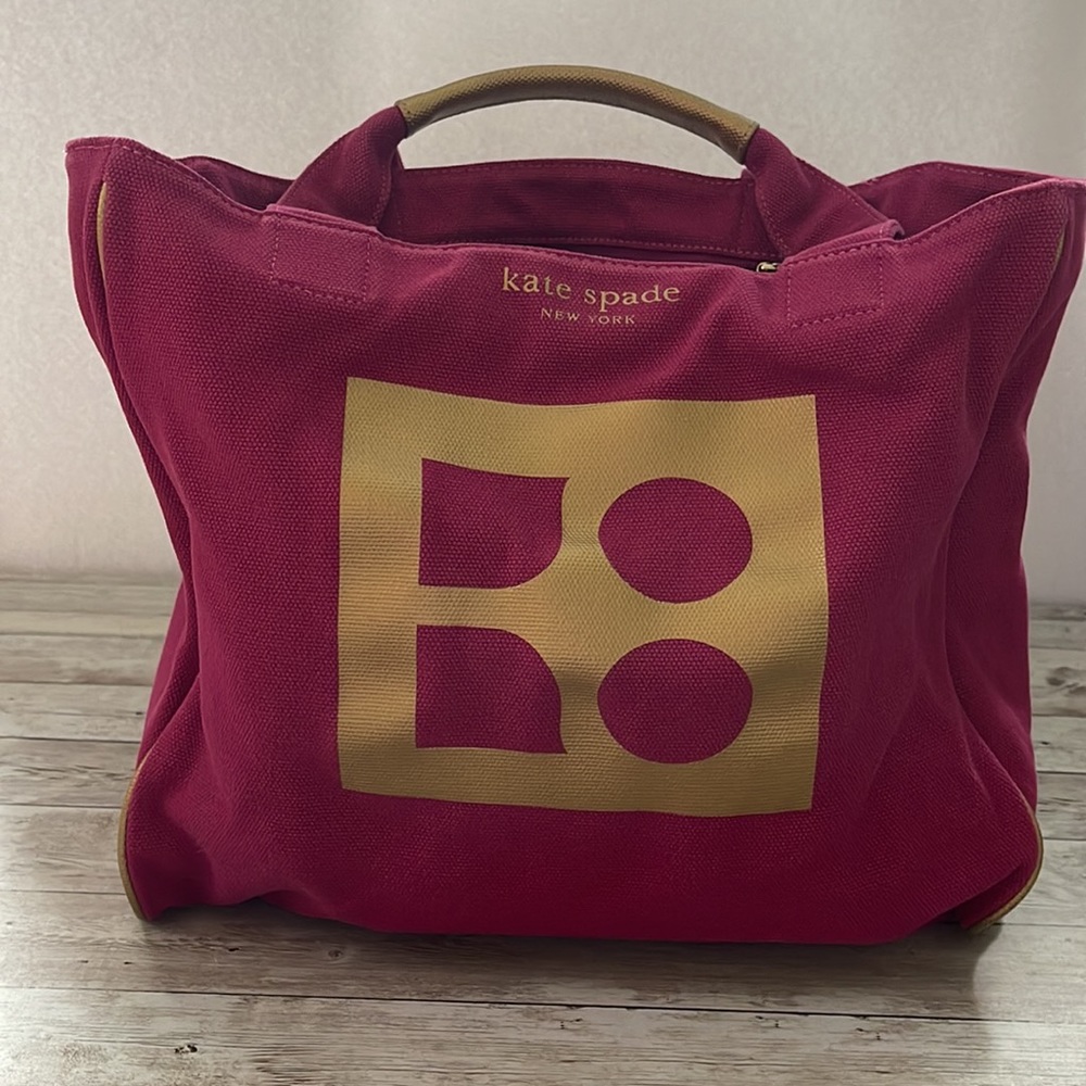 KATE SPADE Oatmeal Canvas hot pink Shoulder Bag Tote Purse Handbag